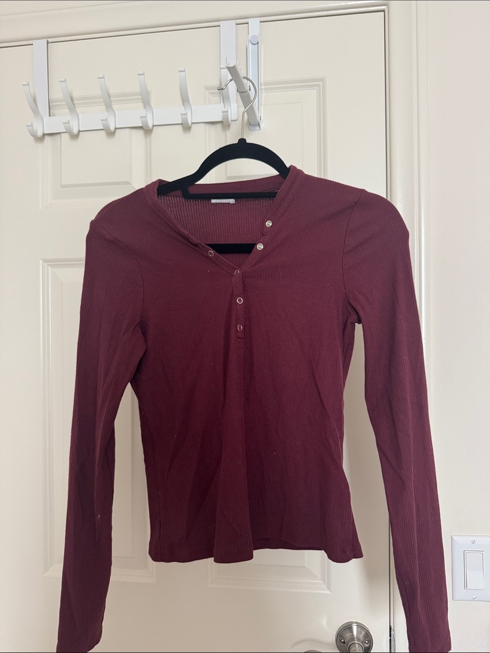 Cotton On Ribbed Henley Long Sleeve Top - Burgundy